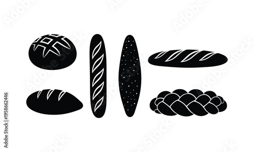 Five distinct types of traditional breads illustrated in black and white