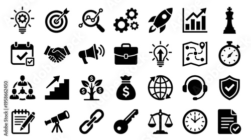 Business strategy and success icons representing growth planning teamwork and achievement in a modern flat design style