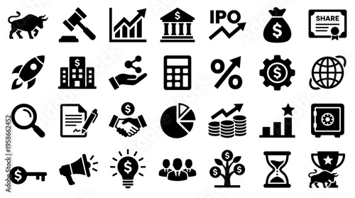 Collection of finance and business icons representing growth investment success and financial management concepts