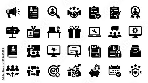 Collection of business and finance icons representing success, teamwork, strategy, and professional growth in a modern flat design style
