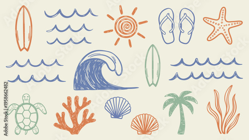 Tropical Beach Hand Drawn Illustration Set, Summer Vintage Vector Doodle Elements, Scribble Beach Icon Collection with Surfboard, Ocean Wave, Starfish, Coral, Sunset, Sea Turtle and Palm Tree