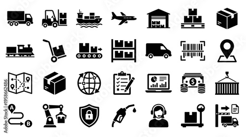 Logistics and supply chain icons set representing transportation warehousing delivery and global distribution services