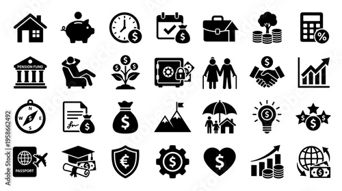 Collection of financial and business icons representing investment growth security and planning concepts