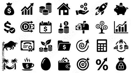 Collection of business and finance icons representing growth investment savings money management and success in a modern flat design style