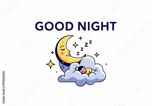 A cartoon moon sleeps on a cloud with a sleeping child at night.