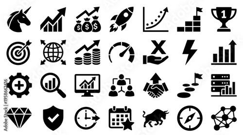 Collection of business and finance icons representing growth success strategy startup and data analysis concepts