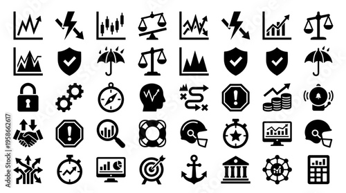 Collection of financial and business icons representing growth analytics security strategy and success in a modern digital concept