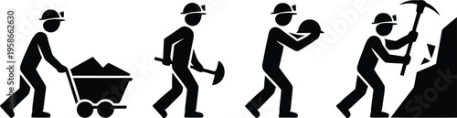 Collection of black silhouette human figures illustrating mining activities with tools and equipment