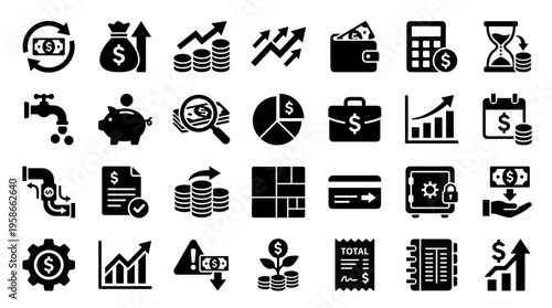 Financial icons collection representing money management business growth investment savings and economic concepts with clear symbols for charts and transactions