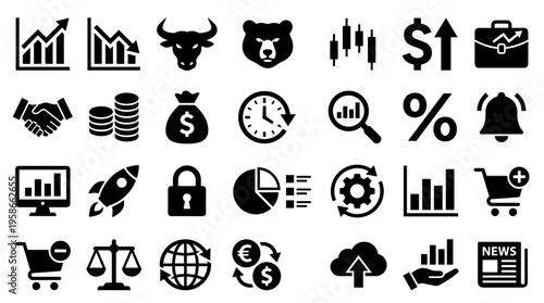 Financial business icons set for trading and investment concepts with charts graphs bull bear money and growth symbols