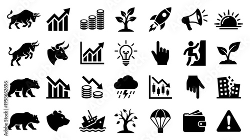 Collection of financial and business icons representing growth decline success failure and investment concepts with bulls bears charts and money symbols