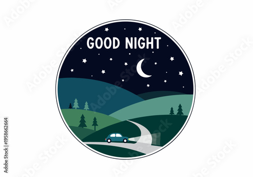 A serene nighttime scene of a car driving on a winding road through rolling hills under a starry sky with a crescent moon.