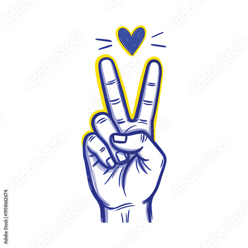 A hand making a peace sign with a heart
