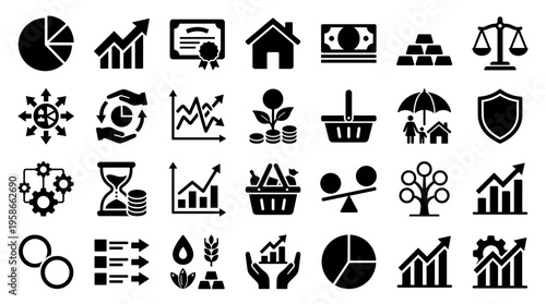 Collection of financial and business icons representing growth investment strategy and success in a clean black and white graphic style