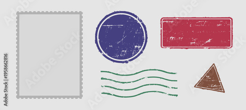 Complete vector set of grungy empty rubber stamp imprints featuring worn, scratched copyspace perfect for creative templates and vintage grunge design mockups with a rough, textured feel.