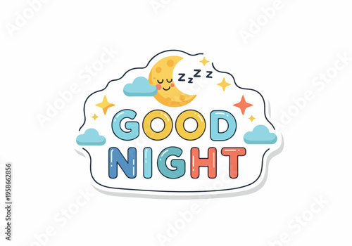 A colorful illustration of a smiling moon sleeping above the words Good Night.
