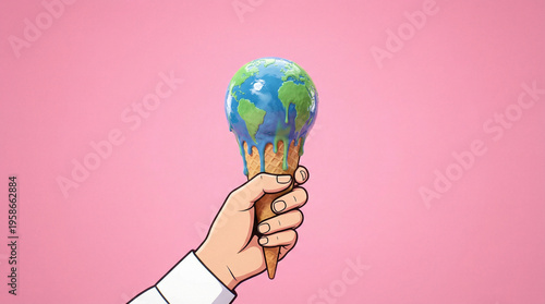Hand holding melting globe ice cream cone on pink background  