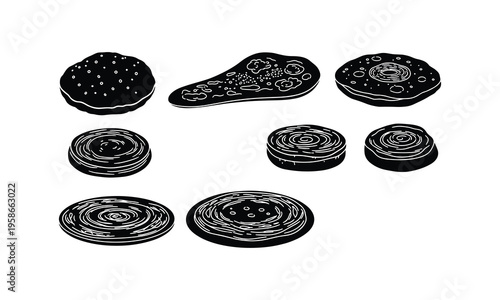 Abstract black and white illustrations of cosmic and spiral patterns on flat surfaces