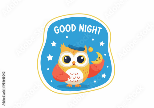 A cute cartoon owl sleeps peacefully under starry night sky with good night message