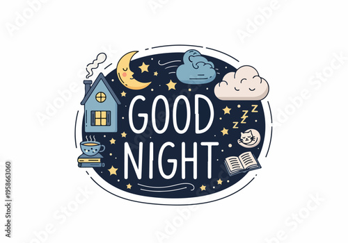 A good night illustration of a house under a starry sky with a crescent moon and clouds