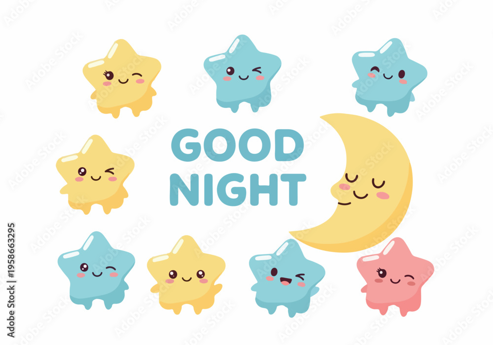 Fototapeta premium A group of smiling cartoon stars and a moon at night display a good night message