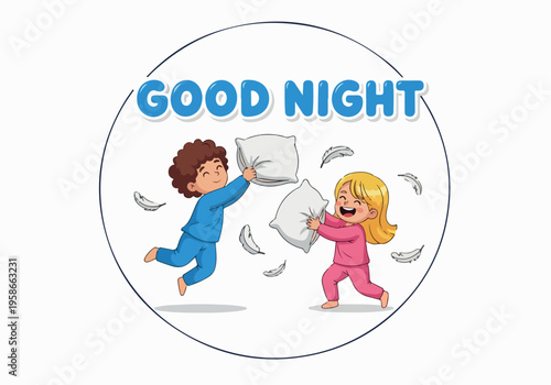 Children play a fun pillow fight together at night