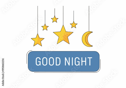 A peaceful night scene with stars and moon hanging above a good night sign