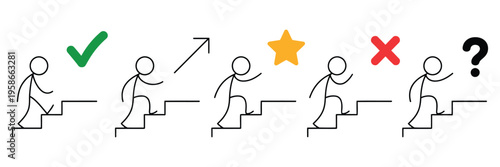 Staircase navigation and walking direction icon set, showing upward and downward movement with status symbols for building safety, vector illustration for emergency planning, architectural
