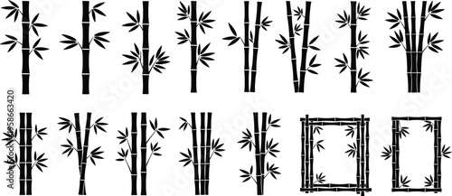 Bamboo silhouettes collection, oriental plant set, Asian nature elements, black botanical illustration, bamboo frames, minimalist design, isolated vector bundle pack