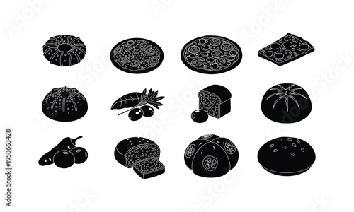 Assorted traditional baked goods and olives illustration collection