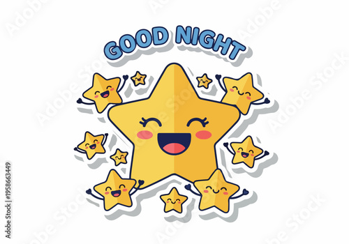 A smiling star character says good night surrounded by smaller stars.
