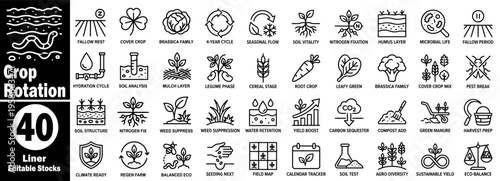 Crop rotation editable stocks. Collection of agriculture farming land management concepts, sustainable practices for plant growth, and soil health vector illustration.