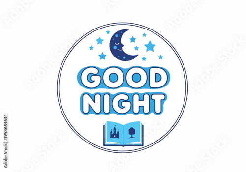 A good night scene with a crescent moon and stars shining above an open book