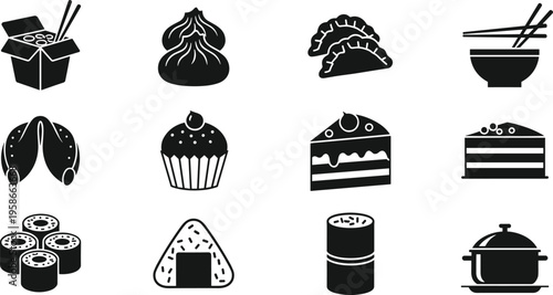 Asian food icons collection, sushi dumplings noodles dessert set, Japanese cuisine symbols, monochrome illustration, restaurant menu design, isolated vector pack