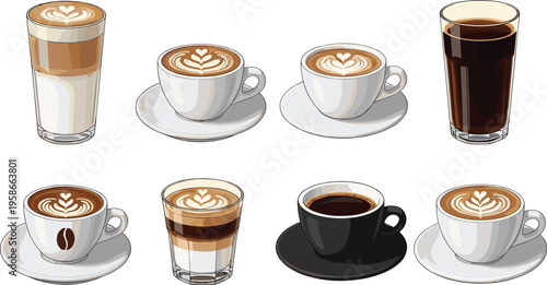 Coffee drinks collection with latte, espresso and americano. Modern realistic cafe cups set. Perfect for menu design, branding and coffee shop visuals.