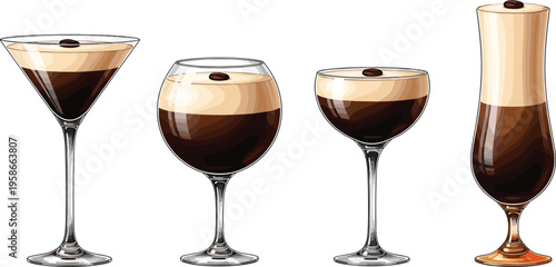 Coffee cocktails collection with layered espresso drinks in glasses. Realistic elegant beverage illustration set. Perfect for bar menu, branding and drink visuals.