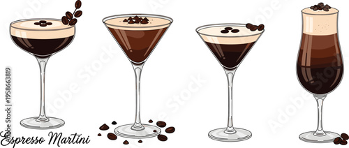 Espresso martini cocktails collection with coffee beans. Elegant modern drink illustration set. Perfect for bar menu design, branding and beverage visuals.