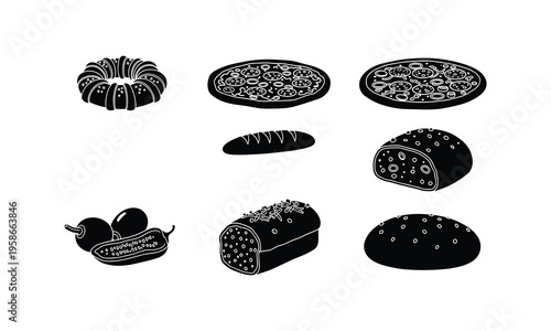 Assorted stylized illustrations of various baked goods and breads
