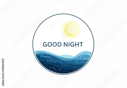 A serene nighttime scene features a crescent moon shining over calm ocean waves with a 'GOOD NIGHT' message.
