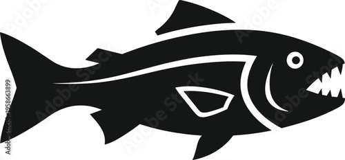 Stylized Fish Silhouette Vector Illustration with Sharp Triangular Teeth Prominent Eye Angular Fins Aggressive Predatory Aquatic Design for Marine Branding Logos and Artistic Graphics