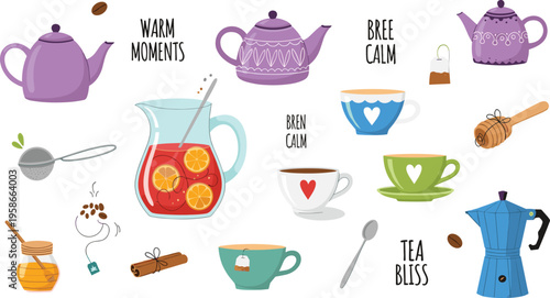 Tea time elements with teapots, cups and herbal drinks. Cozy hand drawn cafe illustration set. Perfect for menu design, branding and lifestyle visuals.