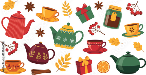 Autumn tea elements set with teapots, cups and spices. Cozy seasonal illustration collection. Perfect for menu design, packaging and fall lifestyle branding.