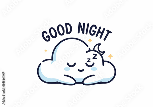 Cute cartoon cloud sleeps soundly, adorned with a crescent moon and stars, depicting a serene good night for peaceful slumber and sweet dreams