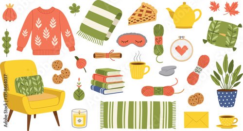 Cozy autumn home elements set with sweater, tea and decor. Warm hygge lifestyle illustration collection. Perfect for seasonal design, branding and social media.