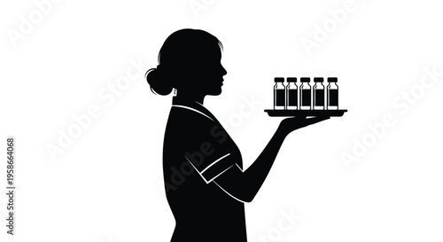 Woman holding a tray of bottles in a striking black silhouette