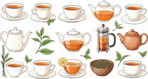 Tea cups and teapots collection with herbs and lemon. Natural herbal drink illustration set. Perfect for menu design, packaging and tea branding.