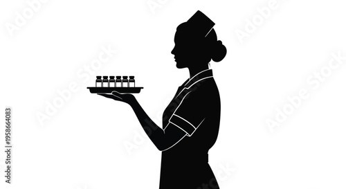Nurse carrying medicine bottles on a tray a distinctive silhouette