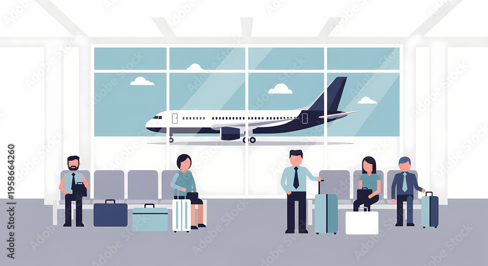Obraz premium People waiting at an airport terminal with luggage and an airplane outside the window Flat Illustration