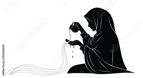 Woman pouring water from a vessel depicted in a striking silhouette