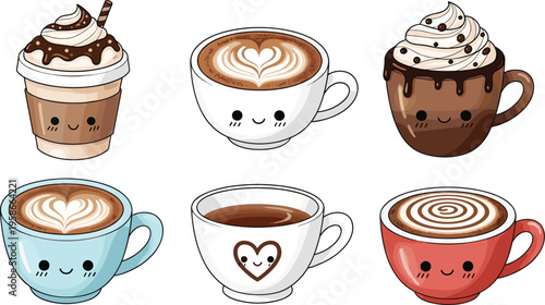 Cute coffee cups with faces and latte art collection. Kawaii style cafe drinks set. Perfect for stickers, branding, menu design and social media visuals.